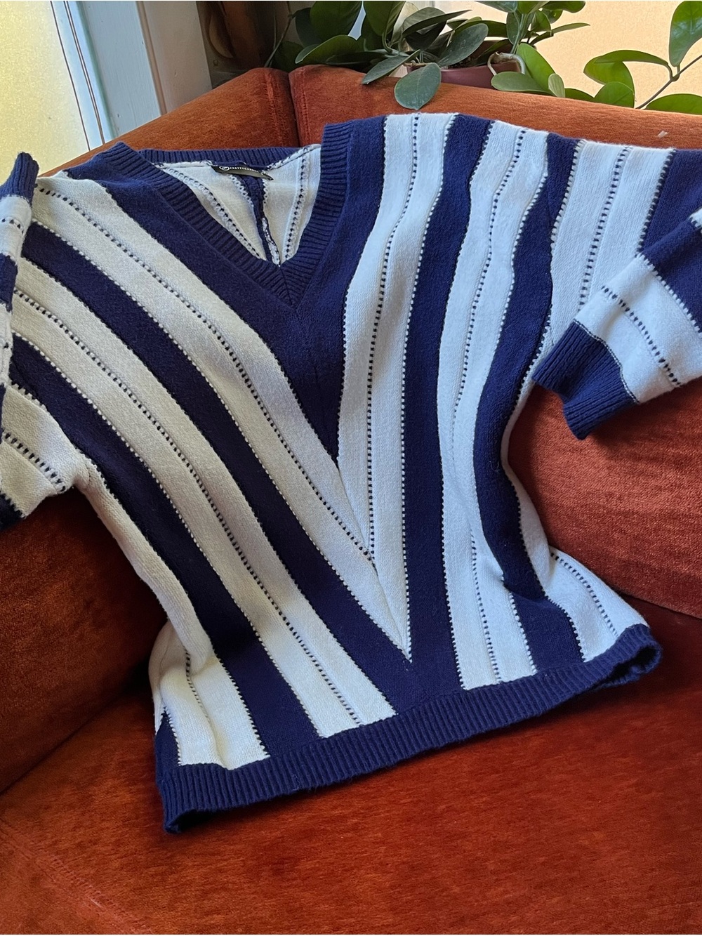 Striped V-Neck Sweater Pullover - Navy and White